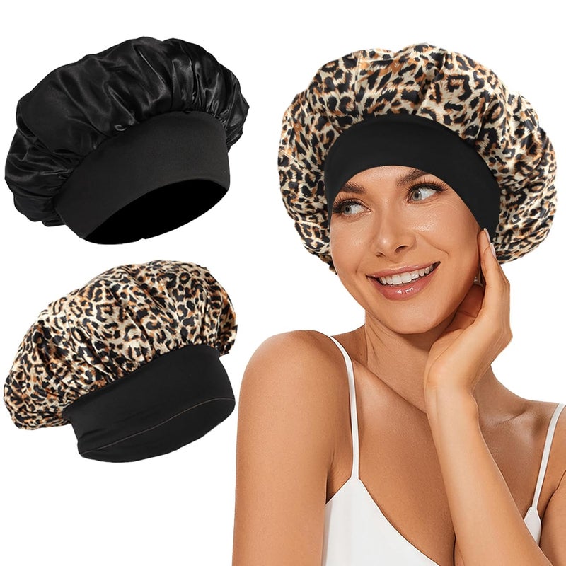 LEADUWAY 2Pcs Satin Bonnet Silk Bonnet, Hair Bonnet for Sleeping, Elastic Wide Band Silk Sleep Cap, Soft and Breathable(Black Leopard) - Image 1